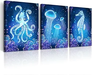 DZRWUBHS Wall Art Paintings For Bedroom Living Room Wall Decor Blue Ocean Life Theme Art Prints Wall Artworks Sea Animal Sea Horse Octopus Jellyfish Pictures Bathroom Home Decor Posters 3 Panels