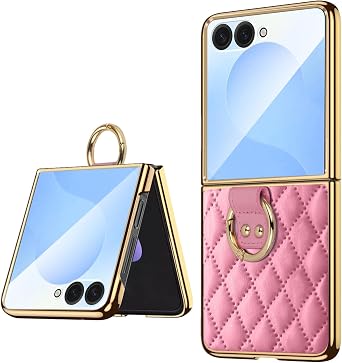 Samsung Galaxy Z Flip 7 Case, Konstreet Soft Diamond Grain Leather with Ring Stand, Hands-free Viewing, Simple Elegant, Slim Fashion Durable, Anti-Fingerprint, Anti-Drop Pink