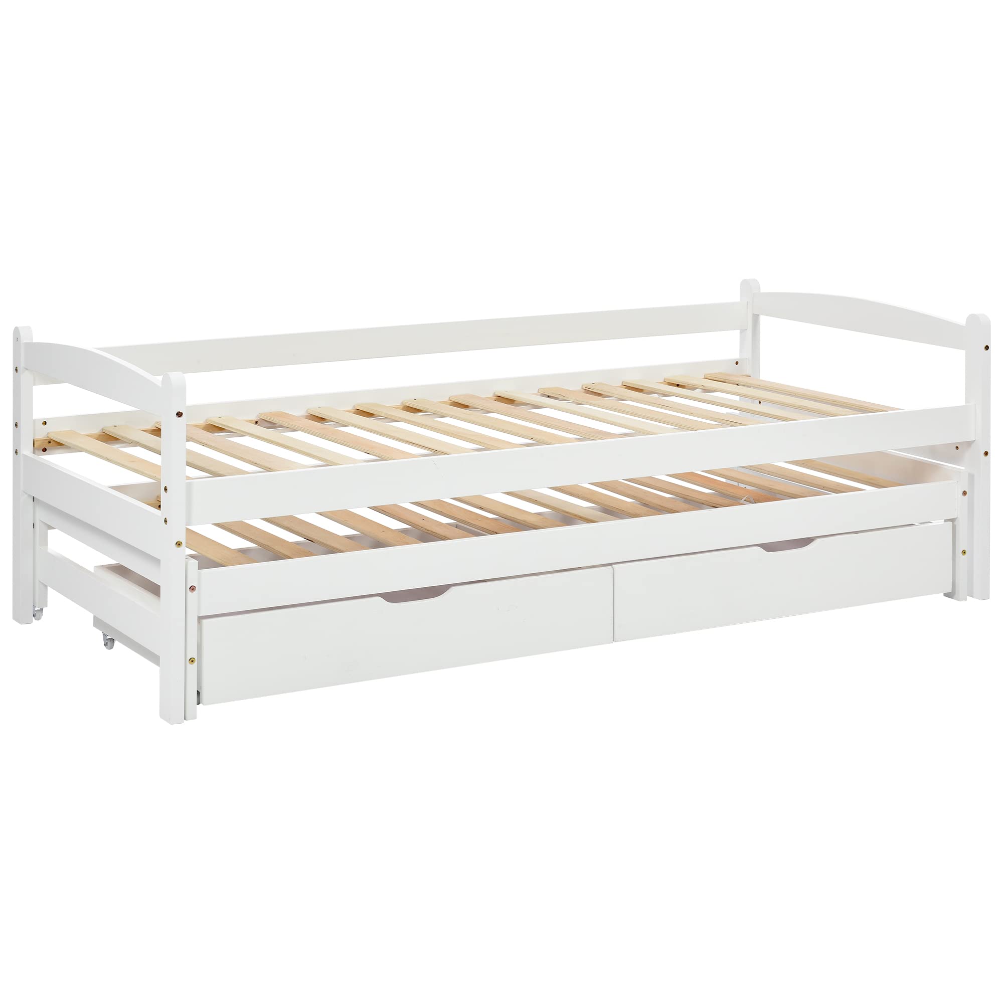 Letto Singolo con Secondo Letto Estraibile, 2 Cassetti su Ruote, Divano Letto in Legno di Pino, 90x200 (190) cm, Colore Bianco, Senza Materasso