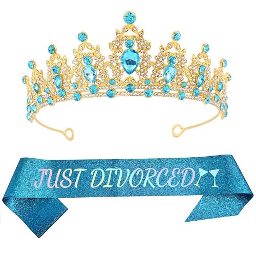 Just Divorced Party Sash Crown Kit Funny Divorced Gifts for Women, Light Blue Happy Divorce Party Decorations Decor Supplies Favors