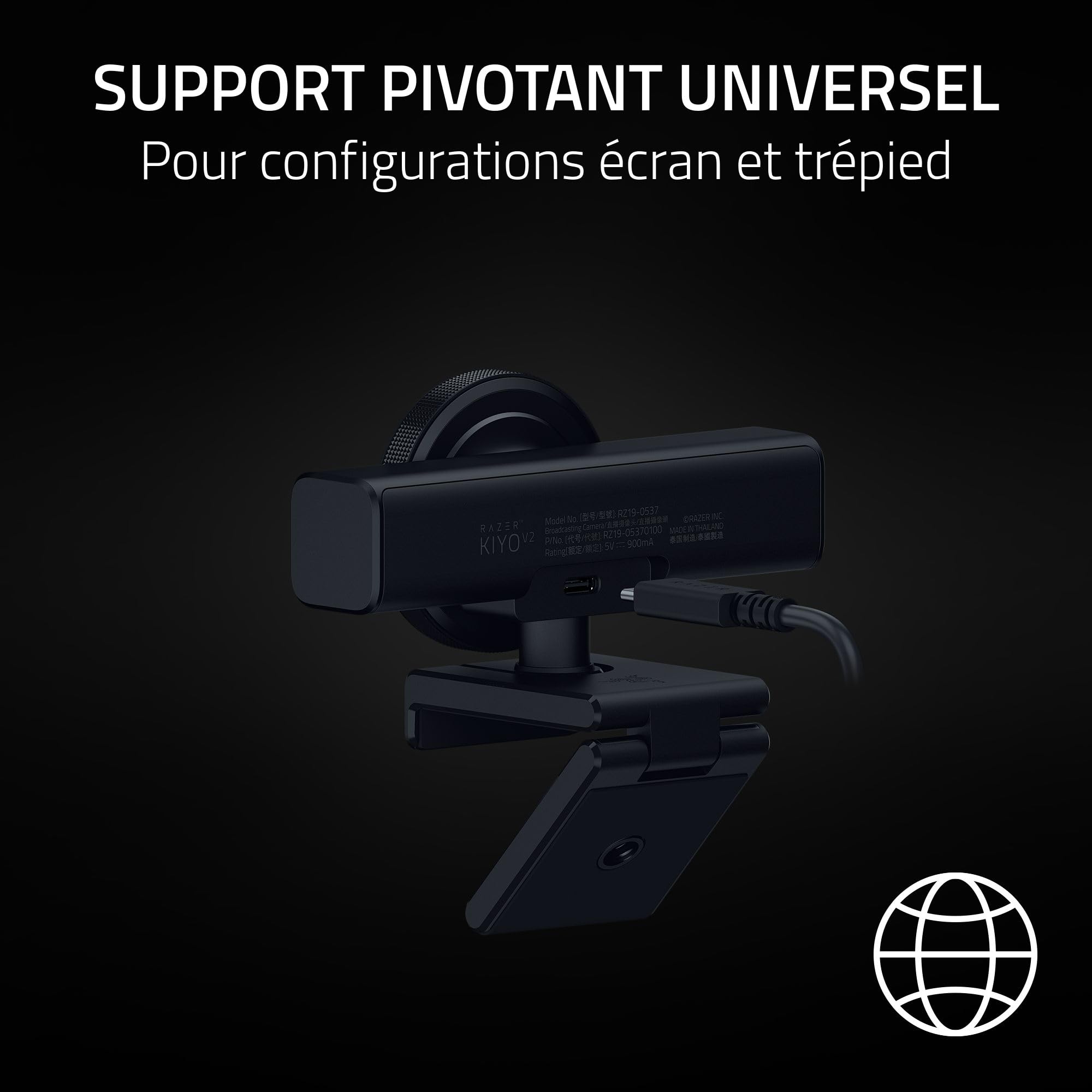 Razer Kiyo V2 – Webcam 4K 30FPS avec Cadrage Automatique alimenté par l'IA - 1080p 60FPS, Cache intégré, HDR, Objectif Ultra Grand Angle, Compatible avec MS Teams, Zoom, Google Meet | Noir