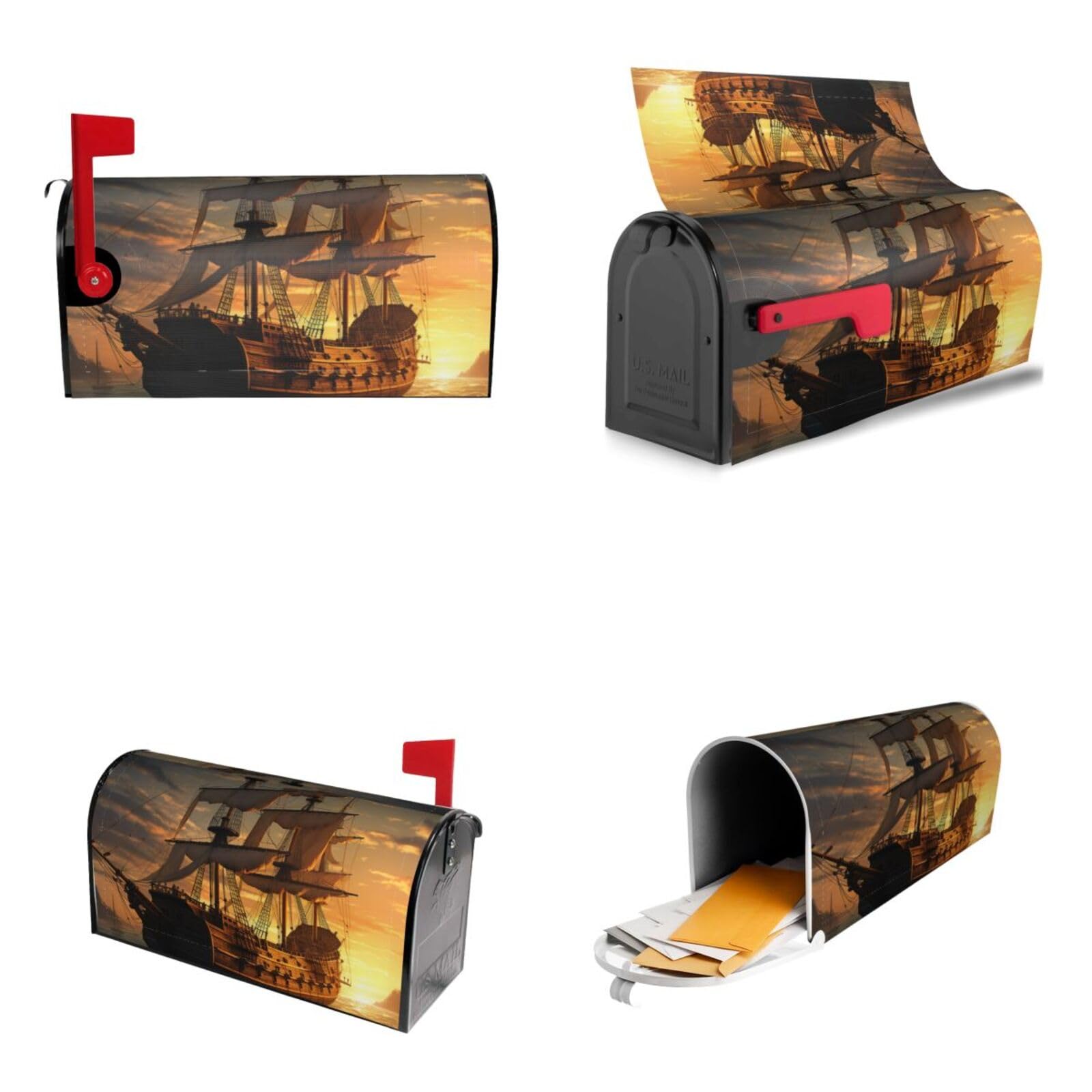 Pirate Ship Mailbox Covers Magnetic Wraps Post Letter Box Cover Garden Home Decor 25.5x21 in