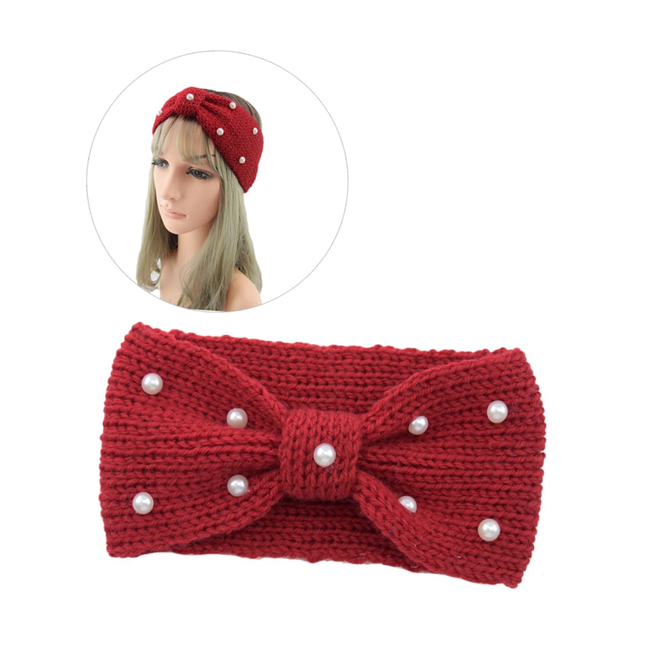 Holibanna Chic Pearl Hair Band Knit Woolen Headwrap Cozy Bowknot Headwraps for Women
