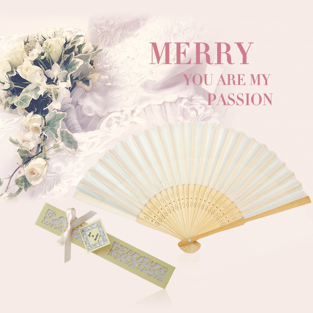DORIS HOME 50pcs Ivory Silk Bamboo Handheld Folded Fan Wedding Favor Fan with Laser Cut Gift Box for Bridal Gift Party Favors Customized