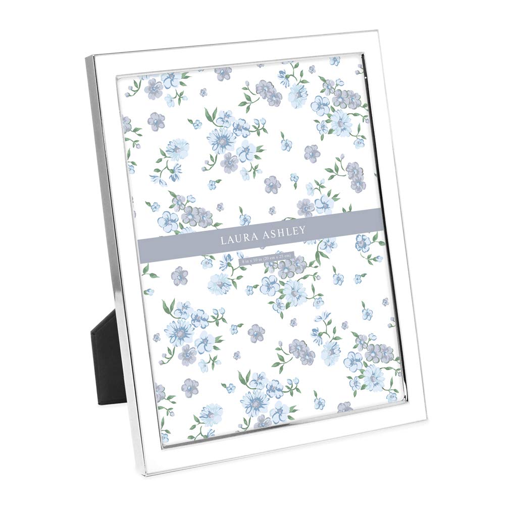 Laura Ashley 4x6 White Enamel, Silver Metal Edge Picture Frame with Easel, Made for Tabletop Display, Desk, Wall Décor, Gallery Art and More (4x6, White w/Silver)