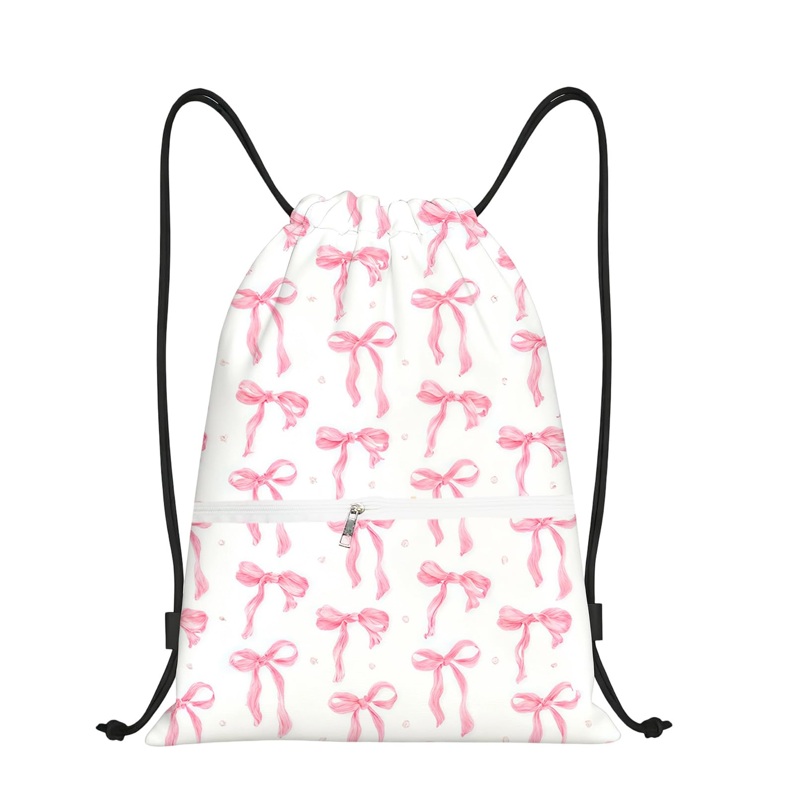 Pink Bow Drawstring Bags, Waterproof Swim PE Bag for Women Girls, Cute Coquette Sports String Backpack, Large Capacity Draw String Bag Gym for School Swimming Travel Fitness Climbing Hiking Picnic