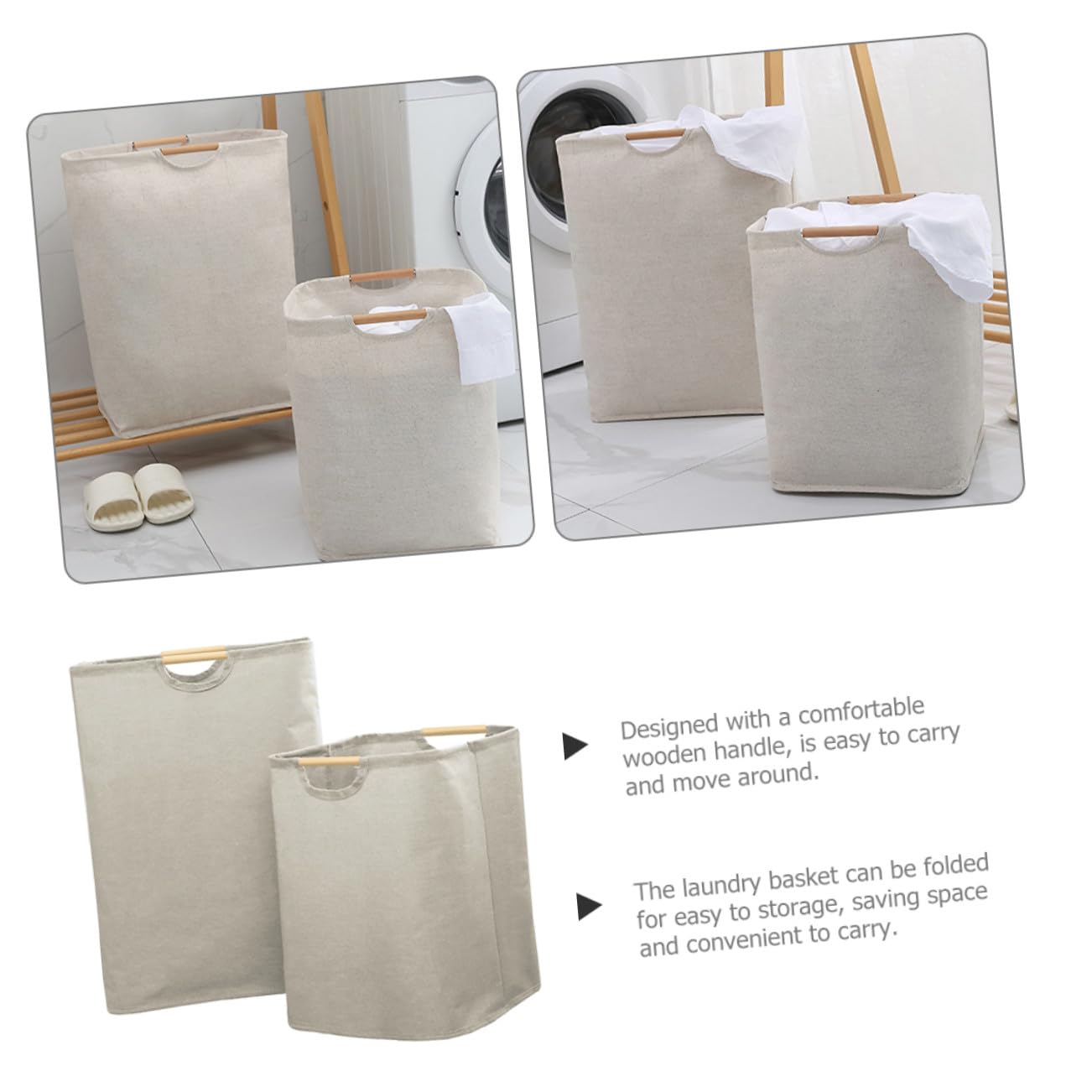 Faltbarer Wäschekorb 2 Stück aus Baumwolle Leinen und Holz, Beige