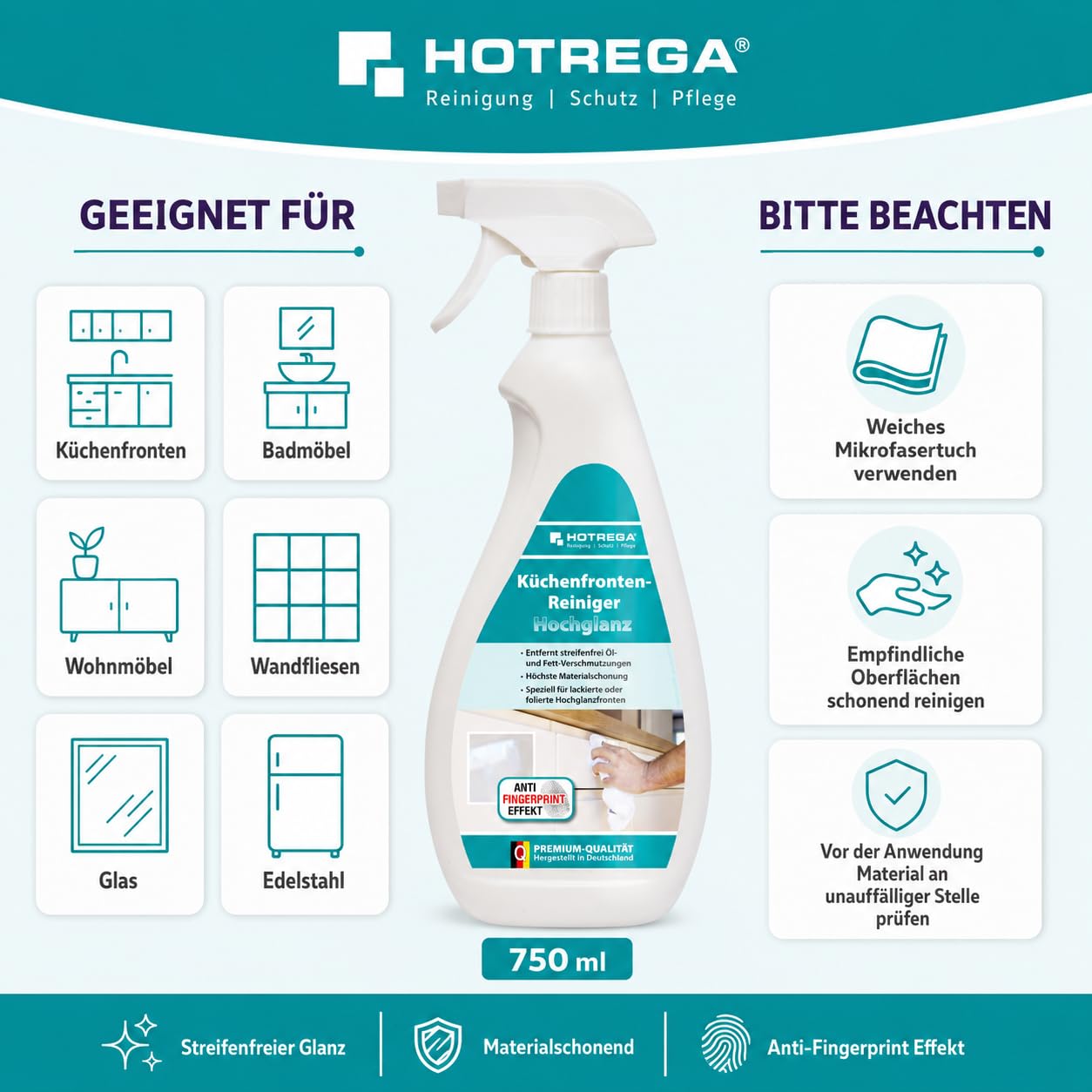 HOTREGA Küchenfronten Reiniger Hochglanz 2250 ml | Fettlösend & | pH-neutrale Pflege für Lack & Folien | Anti-Fingerprint-Effekt | Schutz vor Staub, Öl, Schlieren & Kratzern | 3x 750 ml