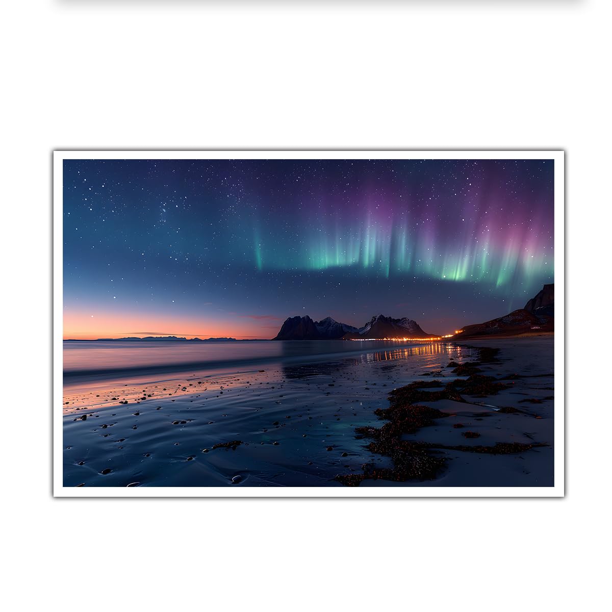 OSHIONARTE Northern Lights Wall Art Coastal Landscape Canvas Art Wall Decor Aurora Borealis Ocean Mountain Scenery Print Poster for Living Room 35x50cm Frameless