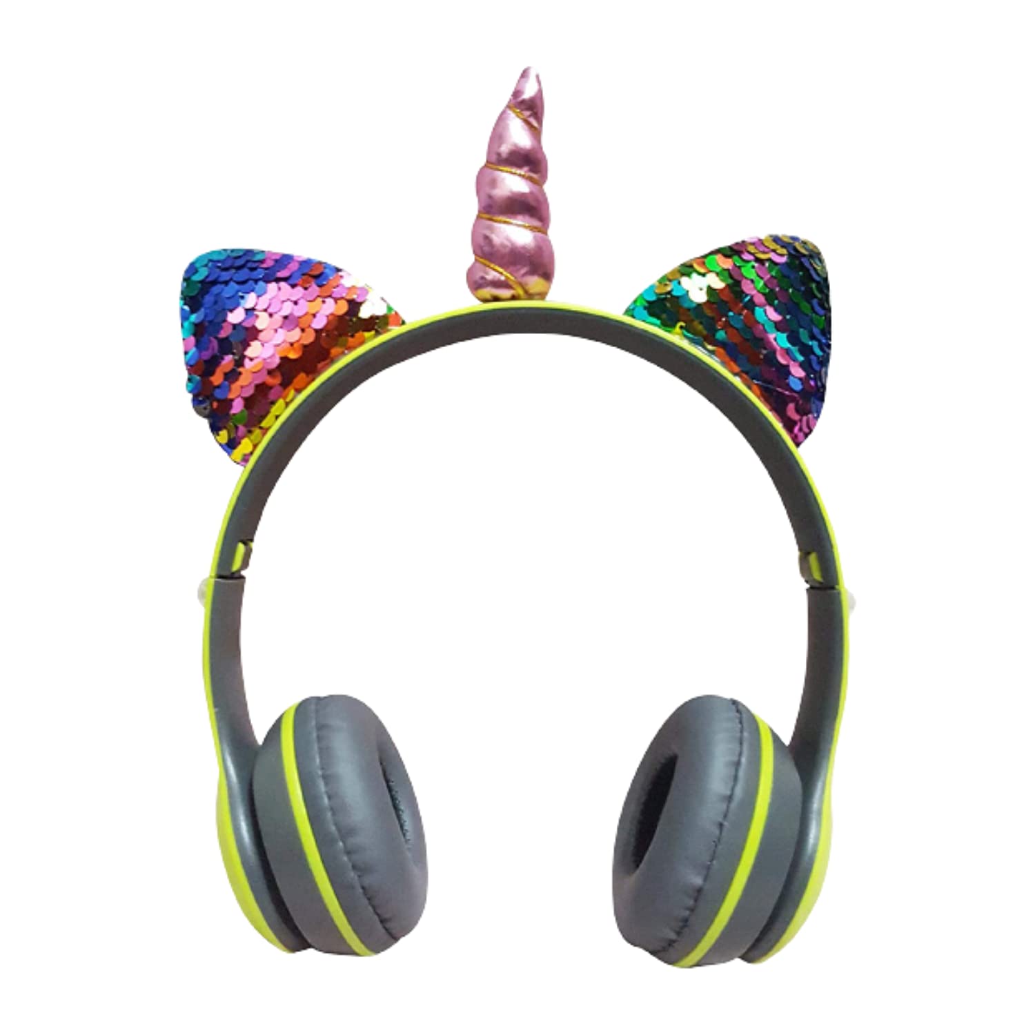 harddo Latest Trendy Stylish Unicorn Horn & Sequence On-Ear Bluetooth Headphone with AUX Option, SD Card Slot for Kids (Green & Black)-image-20
