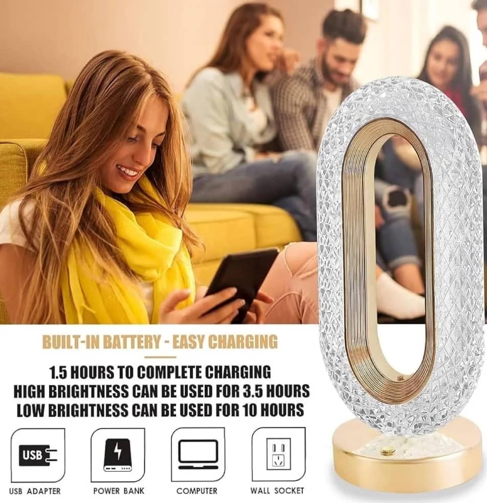 Crystal LED Table Lamp, Night LEMP, Touch Control, 3-Way Dimmable, USB Rechargeable, Cordless Night Light for Home, Bedroom, Living Room, Restaurant Decoration. (Oval Shape) - Image 7