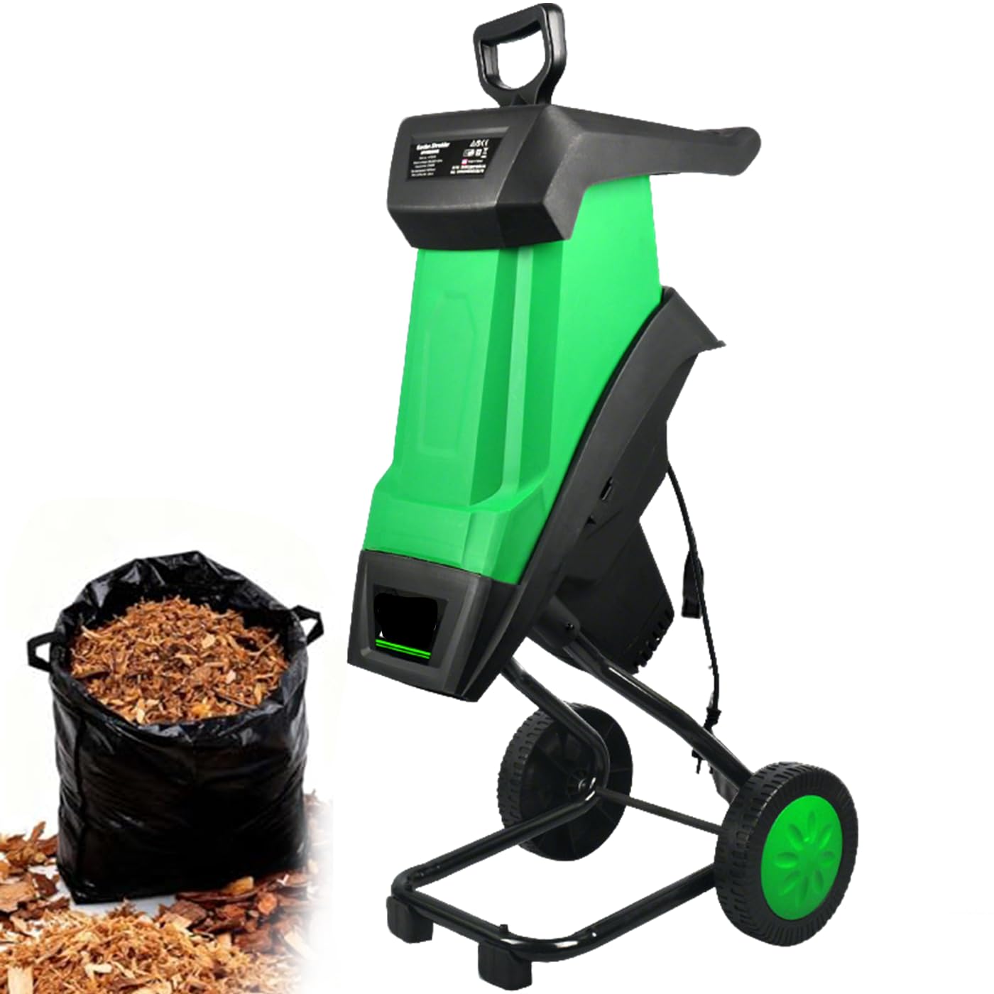 Trituradora eléctrica de madera, trituradora de jardín portátil de 2400 W con colector de 50 L, capacidad de corte de 40 mm para compostaje y residuos de patio, compacta con ruedas
