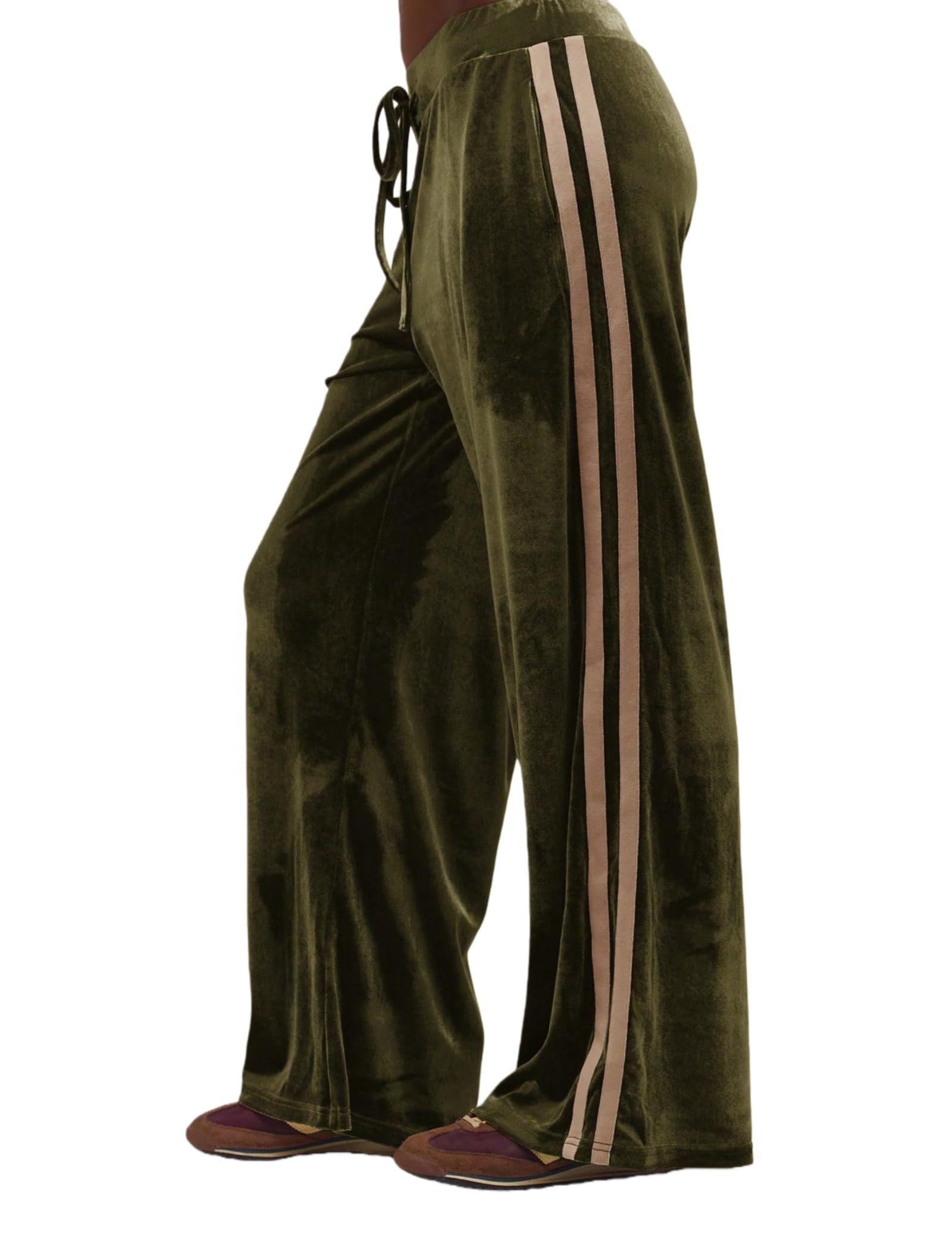 Womens Velvet Casual Pants Wide Leg Side Striped Old Money Tie Waist Low Waist Fall Winter Lounge Joggers