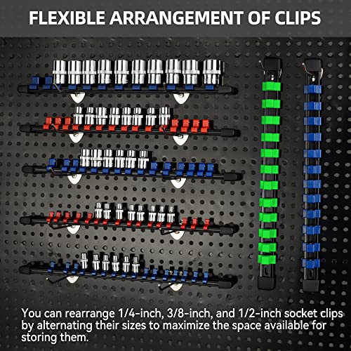 Image of Reniteco 18-Pack Socket Organizer Set, 1 /4 inch x 96 3 /8 inch x 90 1 /2 inch x 72 Clips | 258 Clip Capacity, Havy-Duty ABS Socket Rails, Removable Clips, Drive Socket Storage, Toolbox Drawer or Wall Mount