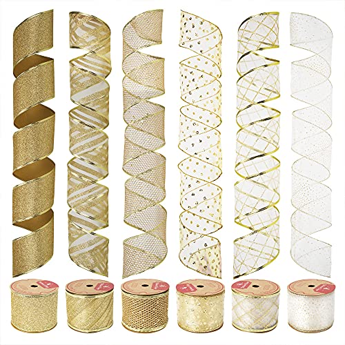 UnionJoy Gold Christmas Wired Ribbon, Organza Sheer Ribbon Gold Glitter Ribbon Christmas Gold Mesh Craft Ribbon Wired Gold Metallic Edge 2.5 inch 36Yards Christmas Ribbon for Tree Decoration