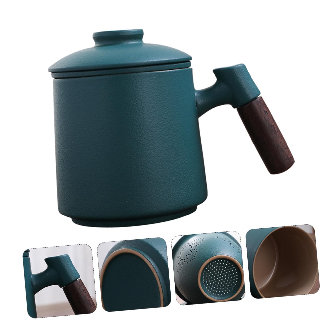 Mikinona Juego de Tazas de Cerámica Verde de 400ml con Infusor y Tapa, Mango de Madera, Diseño Clásico Retro, Antiescaldado y Fácil Limpieza para Té o Café