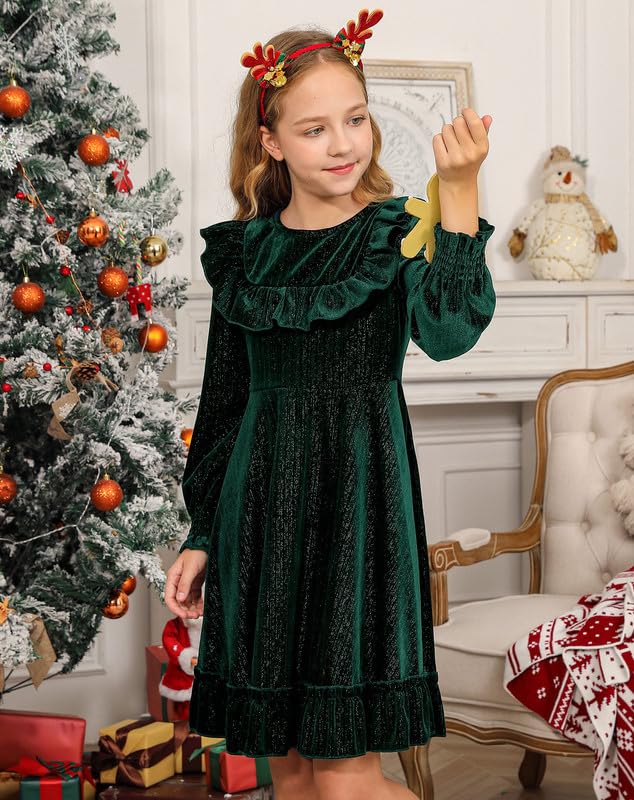 BesserBay Girls Glitter Fall Puff Long Sleeve Ruffle Crewneck Twirly Dress Midi Dress 5-14 Years3