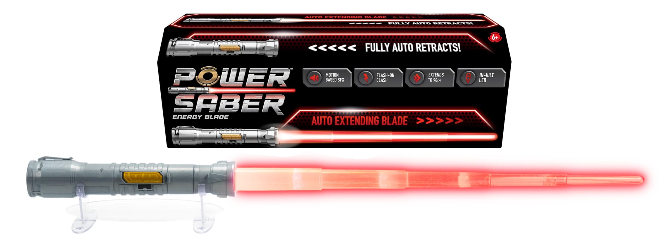 POWER SABER - Czerwony - Miecz laserowy dla dzieci od 6 lat - Automatycznie rozszerzalny i chowany - Realistyczna i bezpieczna świecąca zabawka laserowa - Walka międzygalaktyczna - 30 cm/Rozłożenie 89