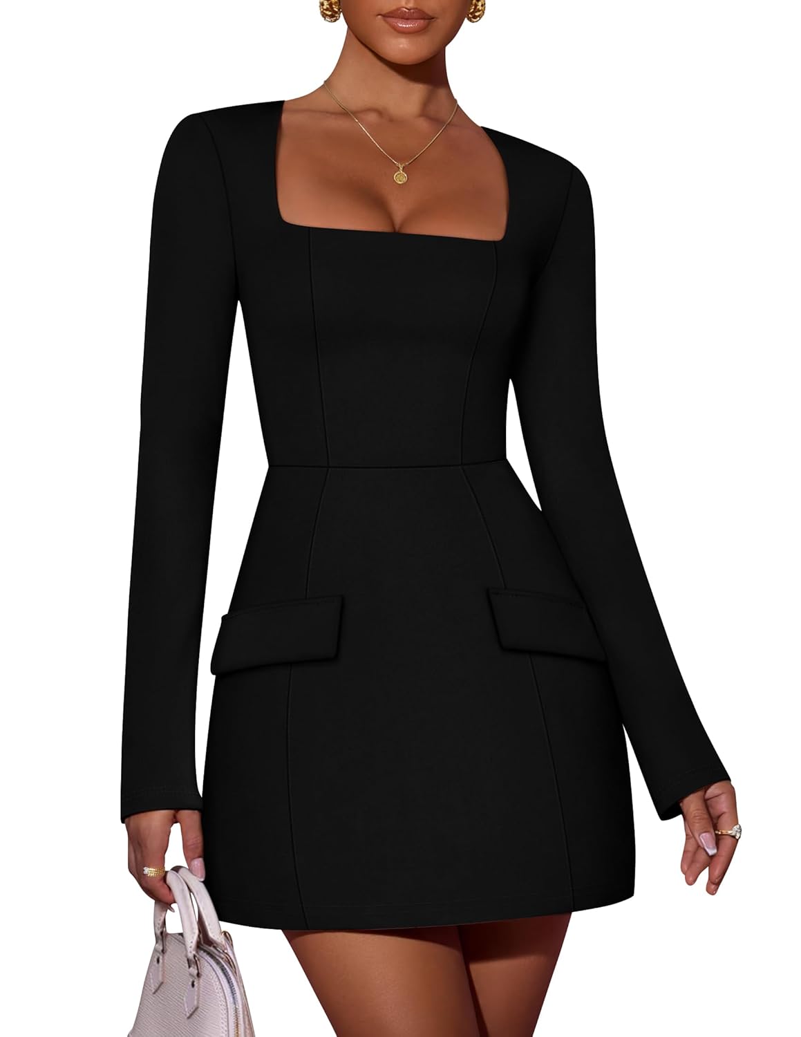 ZESICA Womens 2026 Fall Long Sleeve Bodycon Mini Dress Casual Square Neck Slim Fit Cocktail Party Short Dresses