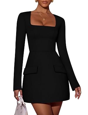 ZESICA Womens 2026 Fall Long Sleeve Bodycon Mini Dress Casual Square Neck Slim Fit Cocktail Party Short Dresses