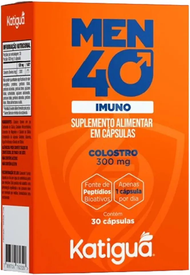 Katiguá, Men 40 Imuno, Colostro 300 mg, Sem sabor, Para Homens, 30 Cápsulas rígidas • 30 doses, Laranja