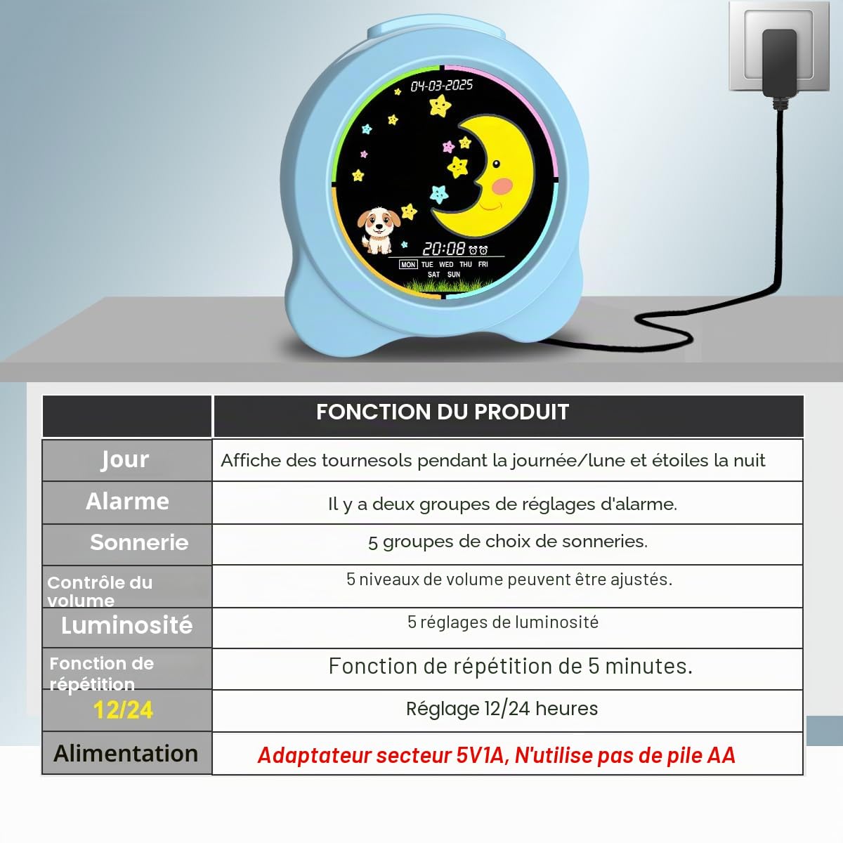 Réveil pour Enfants Soleil et Lune Affichage LED avec Jour et Date OK pour réveil avec veilleuse pour Enfants, Cadeau d'apprentissage du Sommeil pour garçons et Filles (Bleu)
