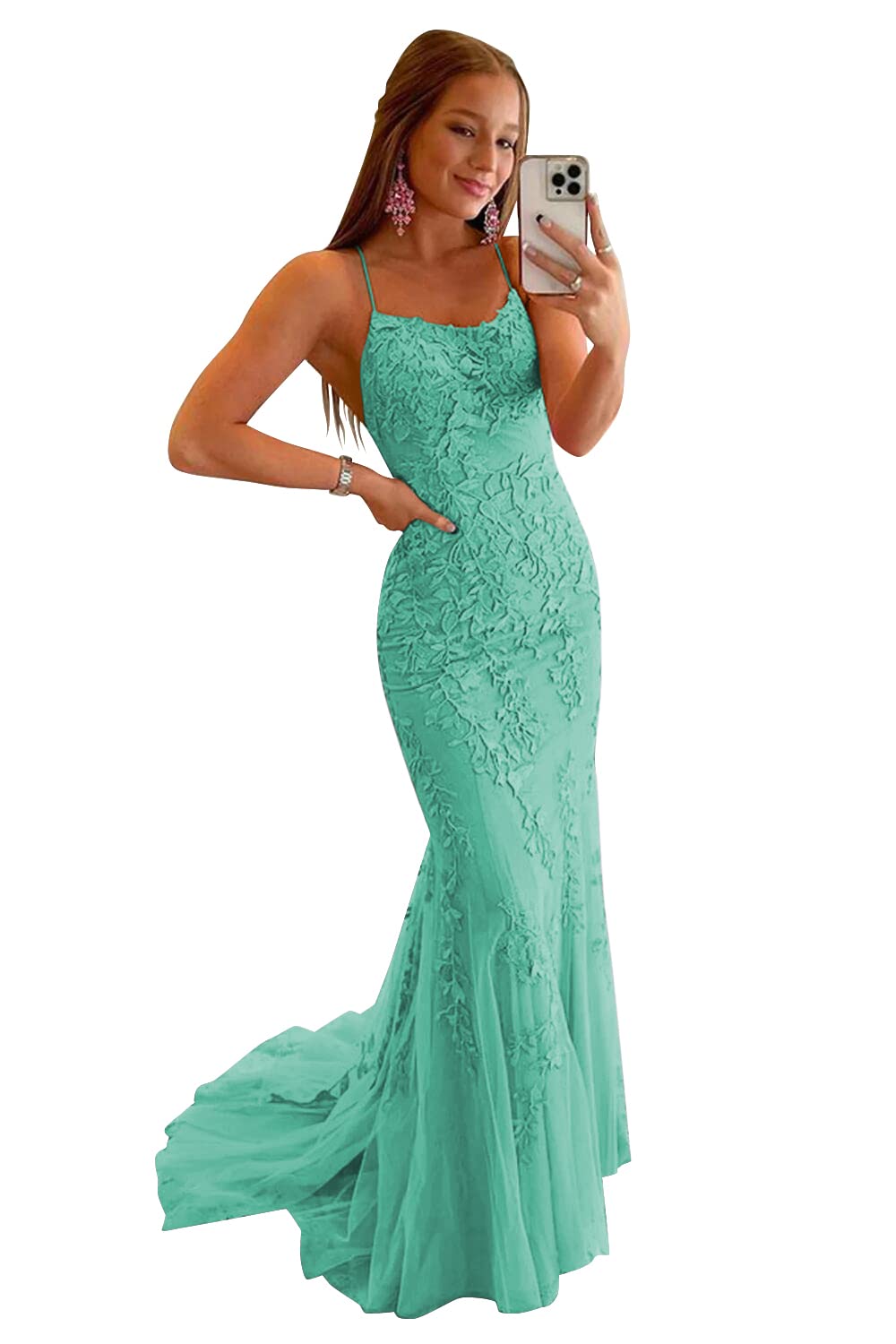 Clothfun Women's Long Lace Prom Dresses Mermaid Spaghetti Straps Backless Formal Evening Gowns