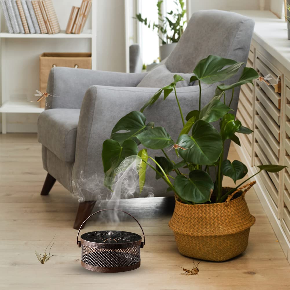WhthteeyLQB Retro Draagbare Ijzer Mosquito Coil Houder met Handvat Ronde Brandwerende Wierook Houder (Brons