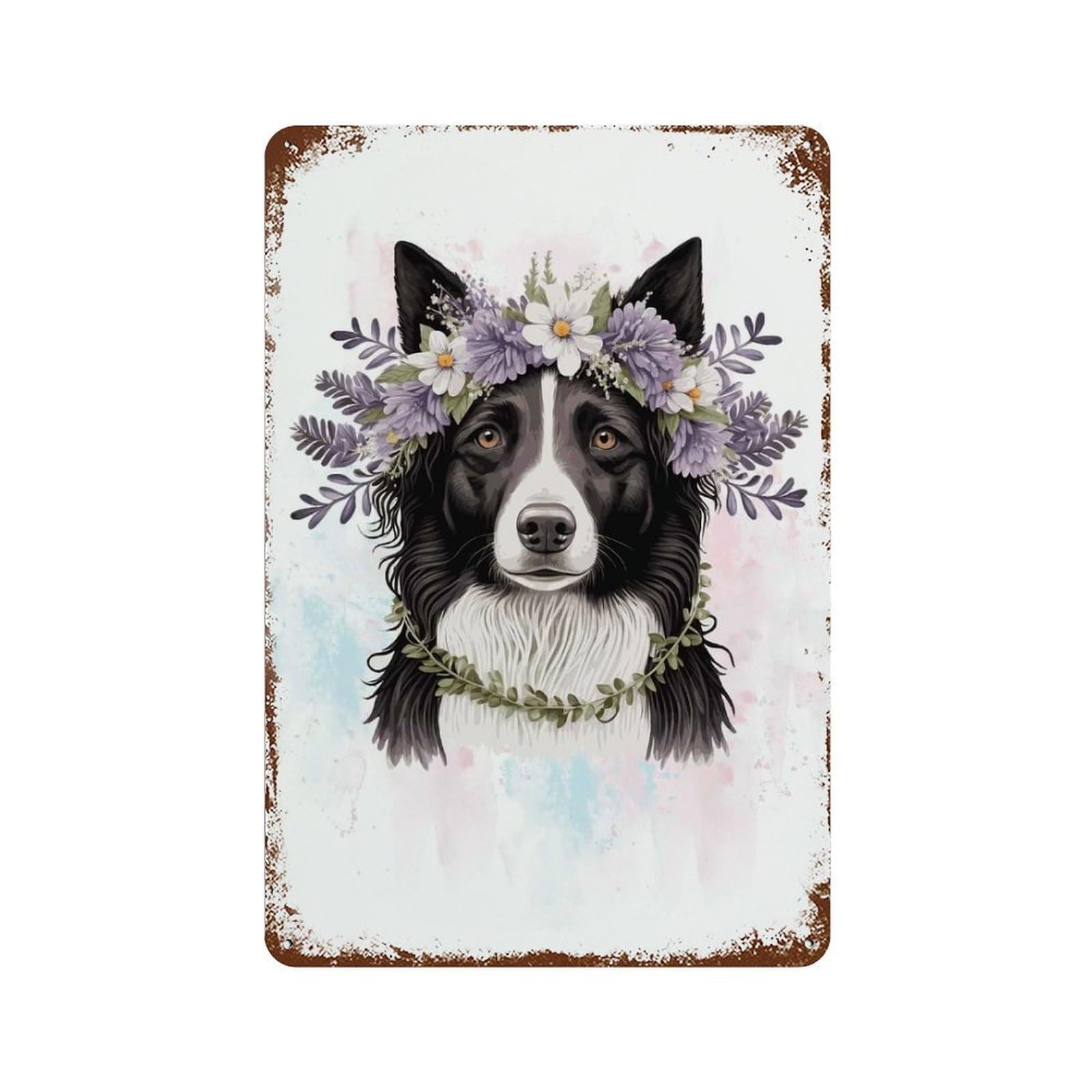 Decorative Tin Sign with Floral Border Collie Dog Design 11.8"x7.9", for Farmhouse, Kitchen And Entryway Decor, Decorative Metal Wall Art