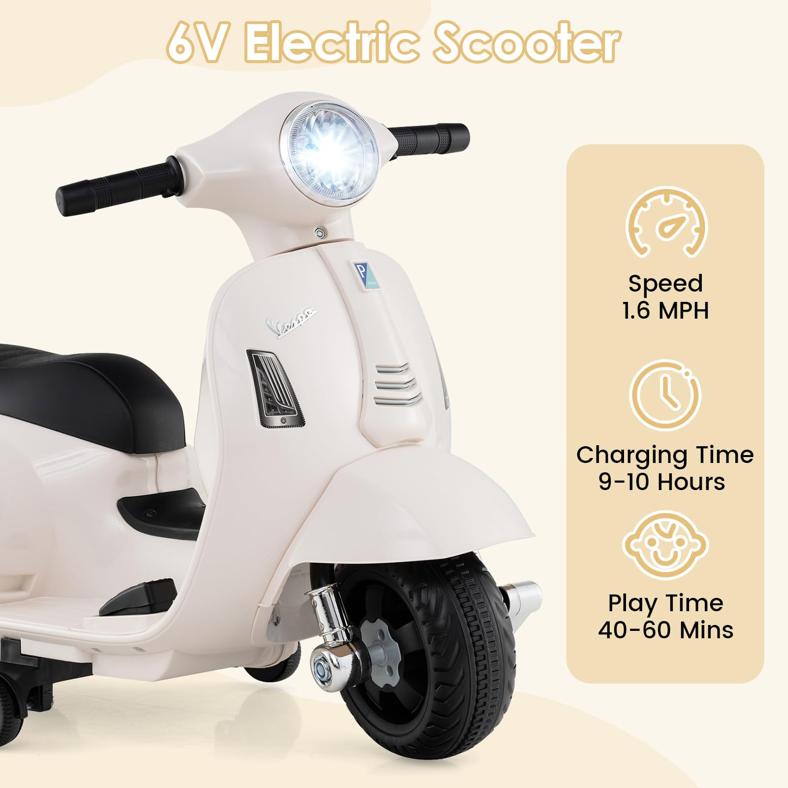 Vespa ホワイト キッズスクーター Licensed Vespa Scooter Kids Motorcycle by OLAKIDS, 6V Ride on