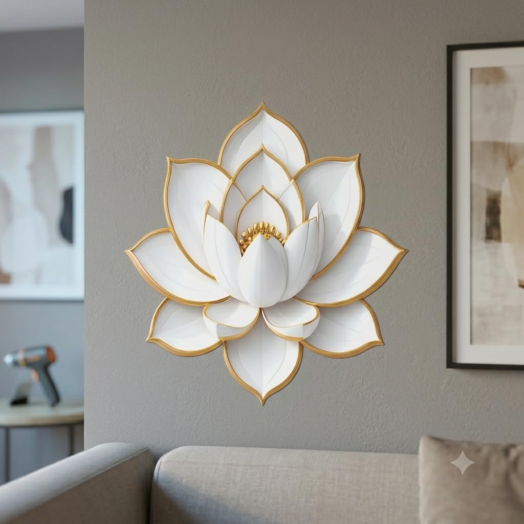 White Lotus Flower Wall Sticker with Golden Outline, Modern Decorative Art, 45.72 x 45.72 cm-image-0