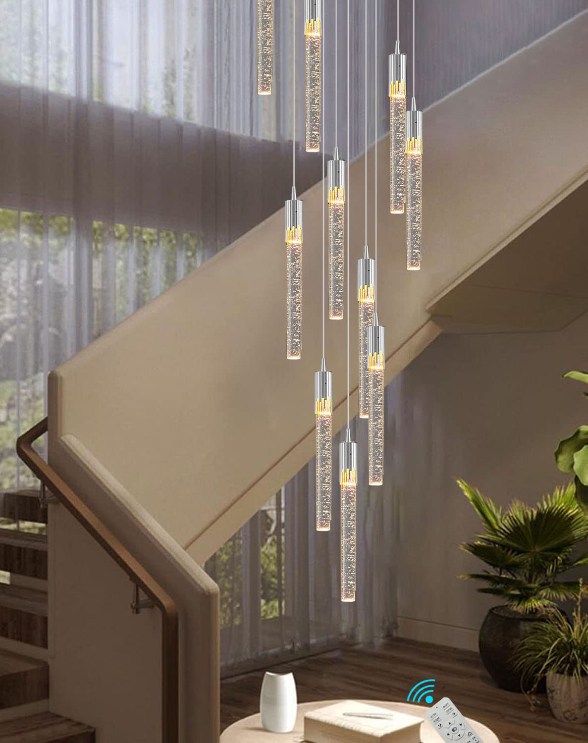 KXEcoLife 10ft Crystal Chandelier 10-Light Silver Metal & Transparent Bubble Pendant Light for High Ceilings Staircase Living Room Dimmable 2700K-6000K Elegant Foyer Lighting