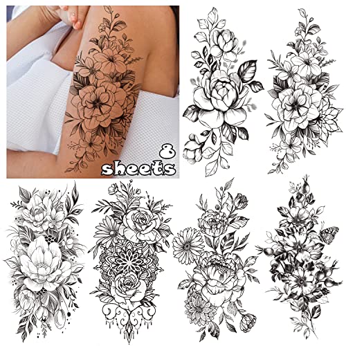 LEADTEAM 8 Feuilles Faux Tatouages, Tatouage Ephemere 3D Autocollant Rose Fleur Bras, Adhésifs Tatouage Autocollant Femme Fête Cadeau Festival