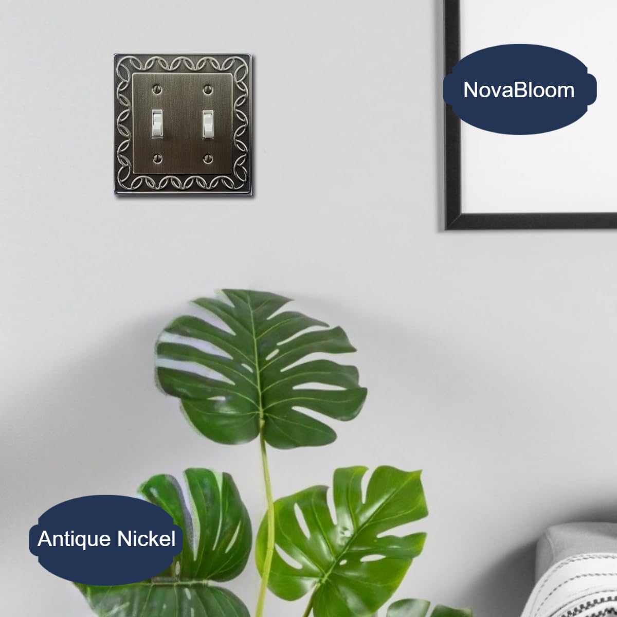 OKAWYC NovaBloom Decorative Light Switch Cover - 2-Gang Double Rocker, White Metal Wall Plate, 2-Pack