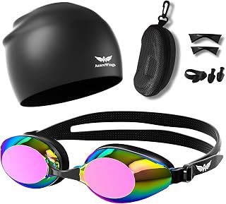 Swim Goggles and Swim Cap Set for Adults, Anti-Fog Leakproof UV Protection Swimming Goggles with Silicone Cap