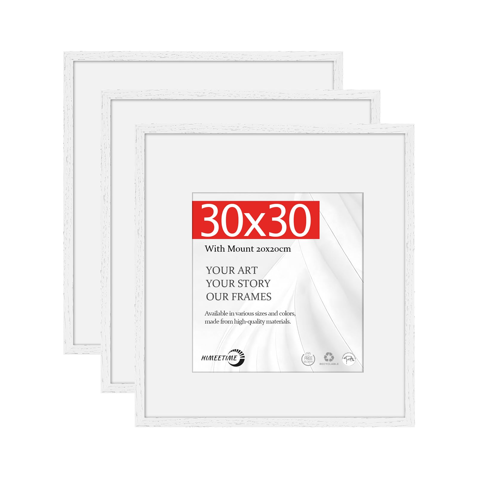 HIMEETIME® 3x 30x30cm Picture Frames | White Obeche Wood | 20x20cm Mat Included | Medium Square Wooden Frame for Posters | Solid Wood Photo Frame