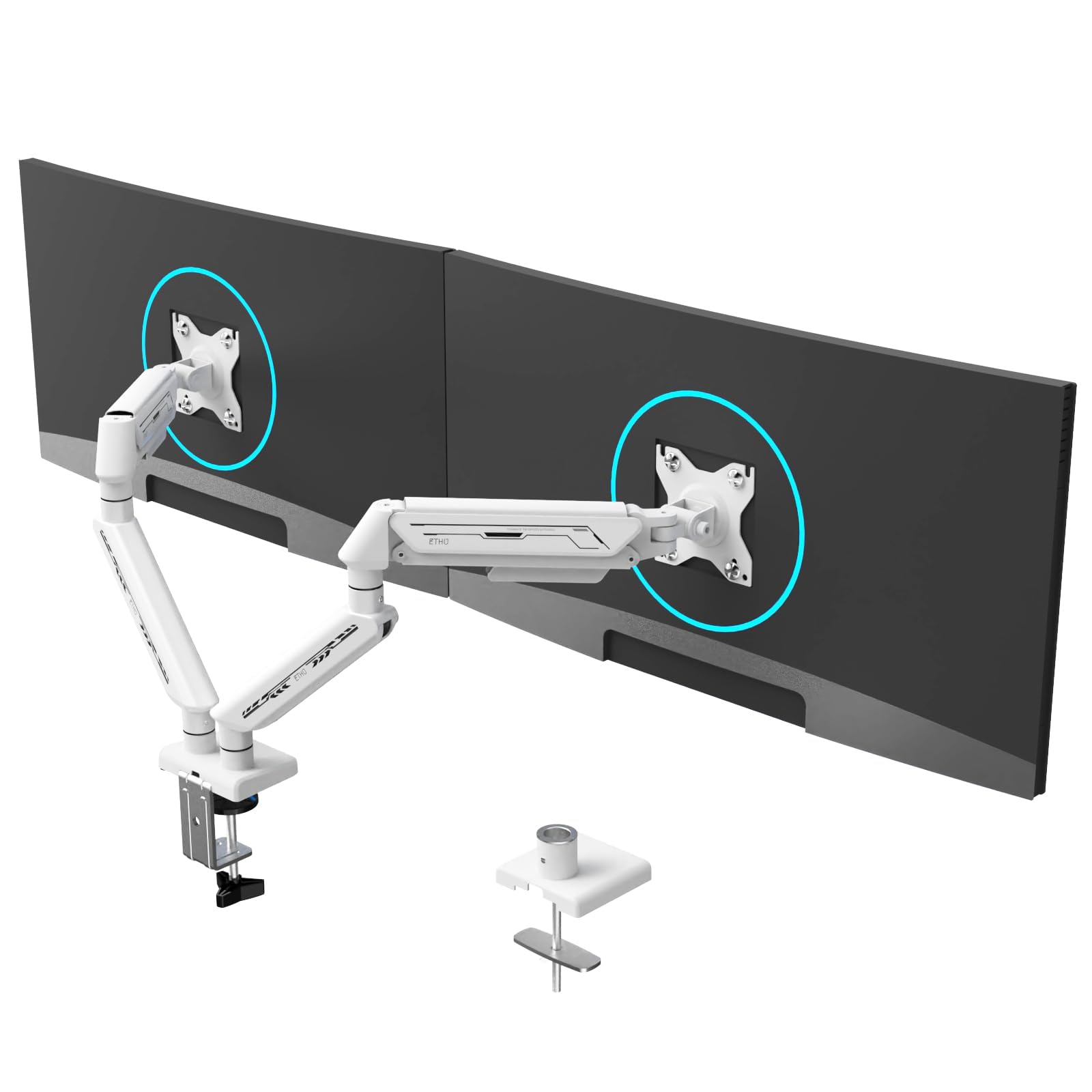 ETHU Dual Monitor Halterung Schreibtischhalterung für 13-32 Zoll Monitore (2-9 kg), Höhenverstellbar mit Neigbar, Schwenkbar, Drehbar, Gasfeder- Bildschirmhalterung 2 Monitor VESA 75 & 100 (Weiße)
