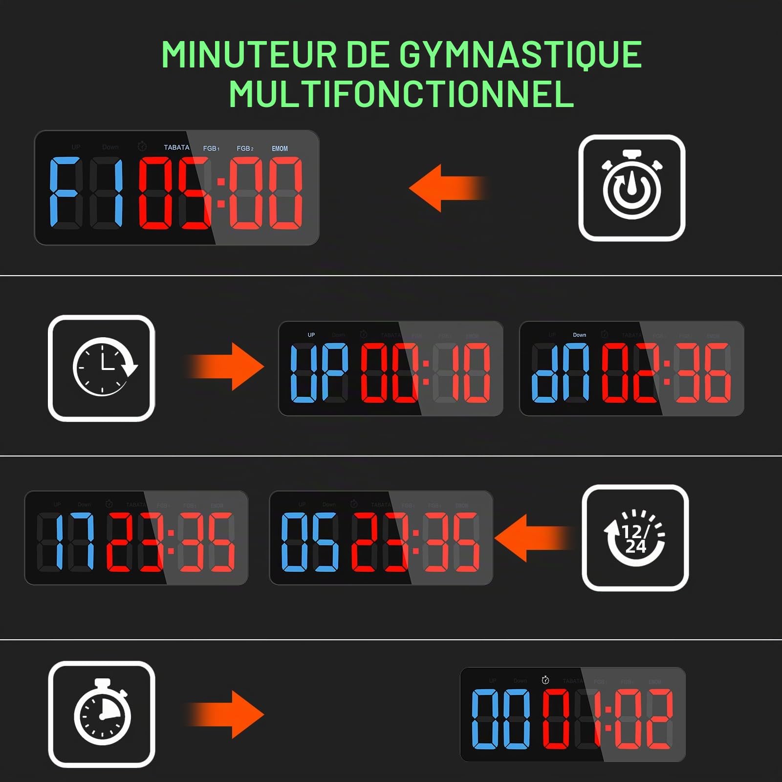 Timer Sport Fitness Grand Minuteur D'intervalle LED de Gym Chronomètre | Count Up, Count Down, Horloge, TABATA, HIIT