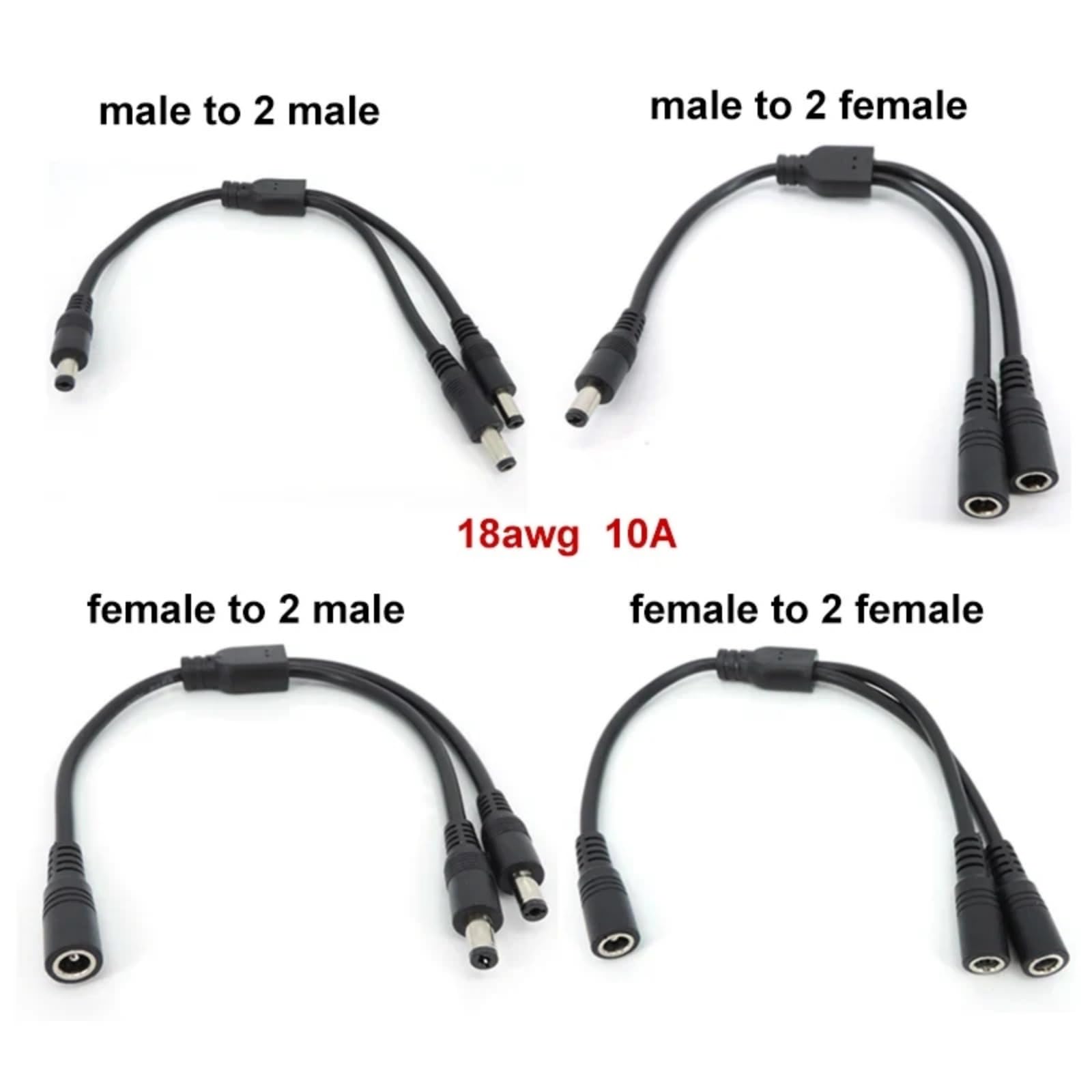 YSJJZRL 30cm DC Power 1 Male/Female to 2 Male/Female 5.5mm x 2.1mm DC Power Supply Splitter Cable Cord Y Splitter (5.5x2.1 Male to 2 Female)