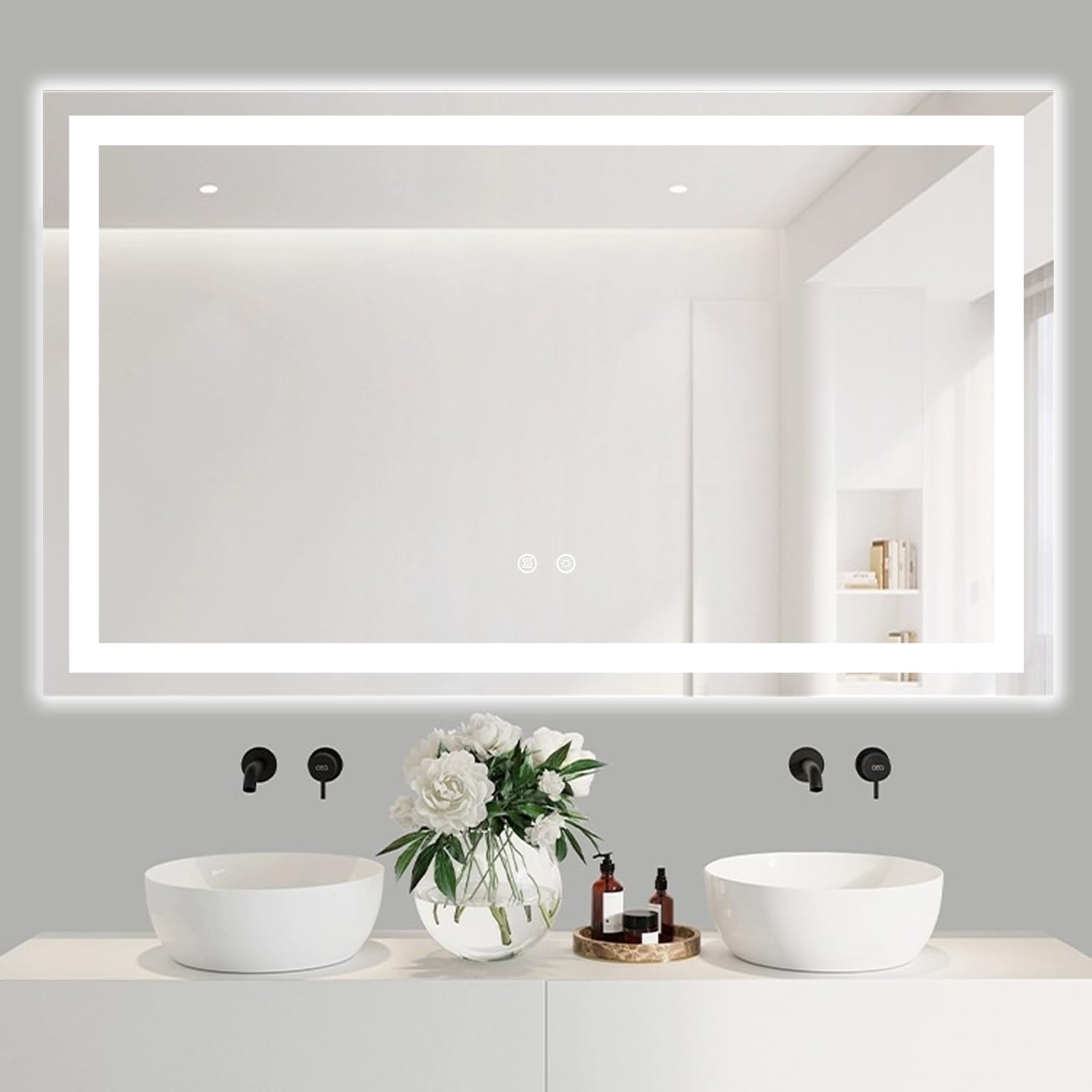 MOSSCO Espejo de baño XL con iluminación, 100 x 60 cm, espejo de pared con iluminación, 3 colores de luz, regulable, sin vaho, con interruptor táctil, 3000 K-6000 K, IP44, resistente al agua