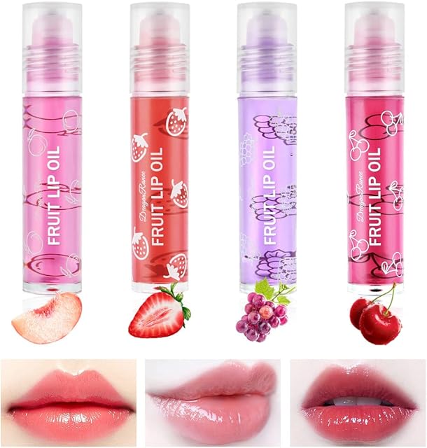 AOOWU 4 Pcs Hydrating Lip Oil Set, Fruit-Flavored Plumping Lip Oil For Dry Lip, Long Lasting Lip Glow Balm Lip Care, Transparent Moisturizing No-Sticky Lip Gloss(Peaches, Strawberry, Grape, Cherry)