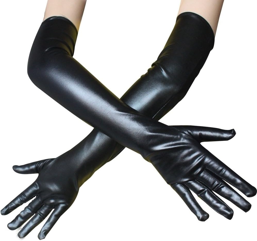Long Leather Gloves Black 54 cm / 21 Inches Women's Shiny Wet Look PVC Leather Gloves Evening Gloves Bridal Dance Fancy Dress Look Gloves, black, Einheitsgröße