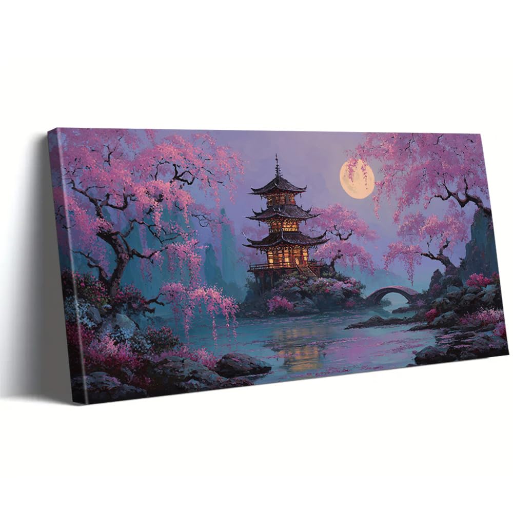 AEFOUU Cherry Blossoms Wall Art Moon Canvas Paintings, Serene Wall Decor Art Prints Modern Artwork Poster Pictures Home Decor(60x123cm/24x48in/Frameless)