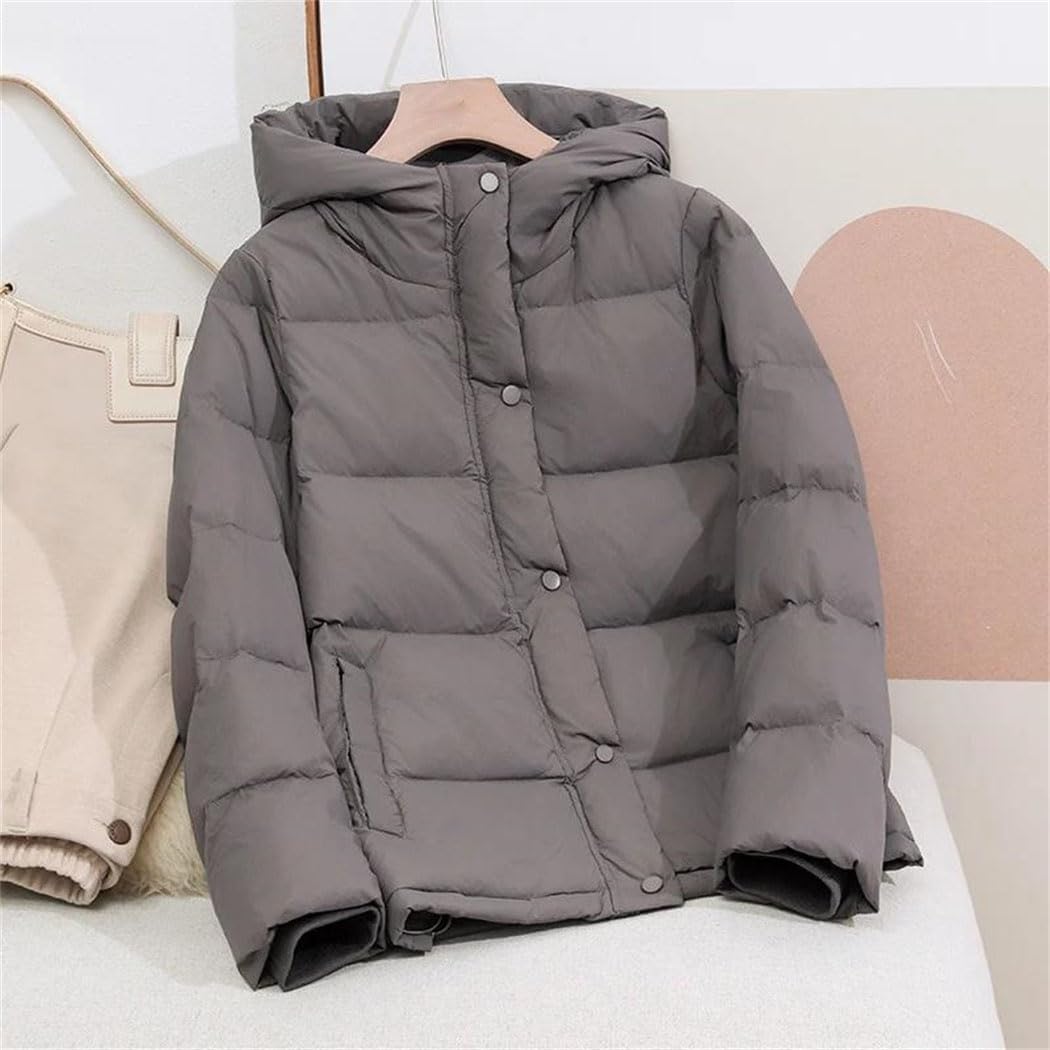 Women’s White Duck Down Jacket Hooded Solid Color Loose Fit Winter Outwear