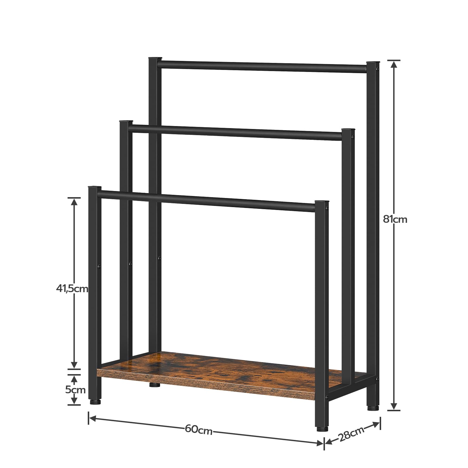 HOOBRO Porte-Serviettes, Range-Serviettes avec 3 Barres, Support Salle de Bain, Étagère de Rangement, 60 x 28 x 81 cm, pour Serviettes, Couvertures, Journaux, Marron Rustique et Noir EBF06LB01