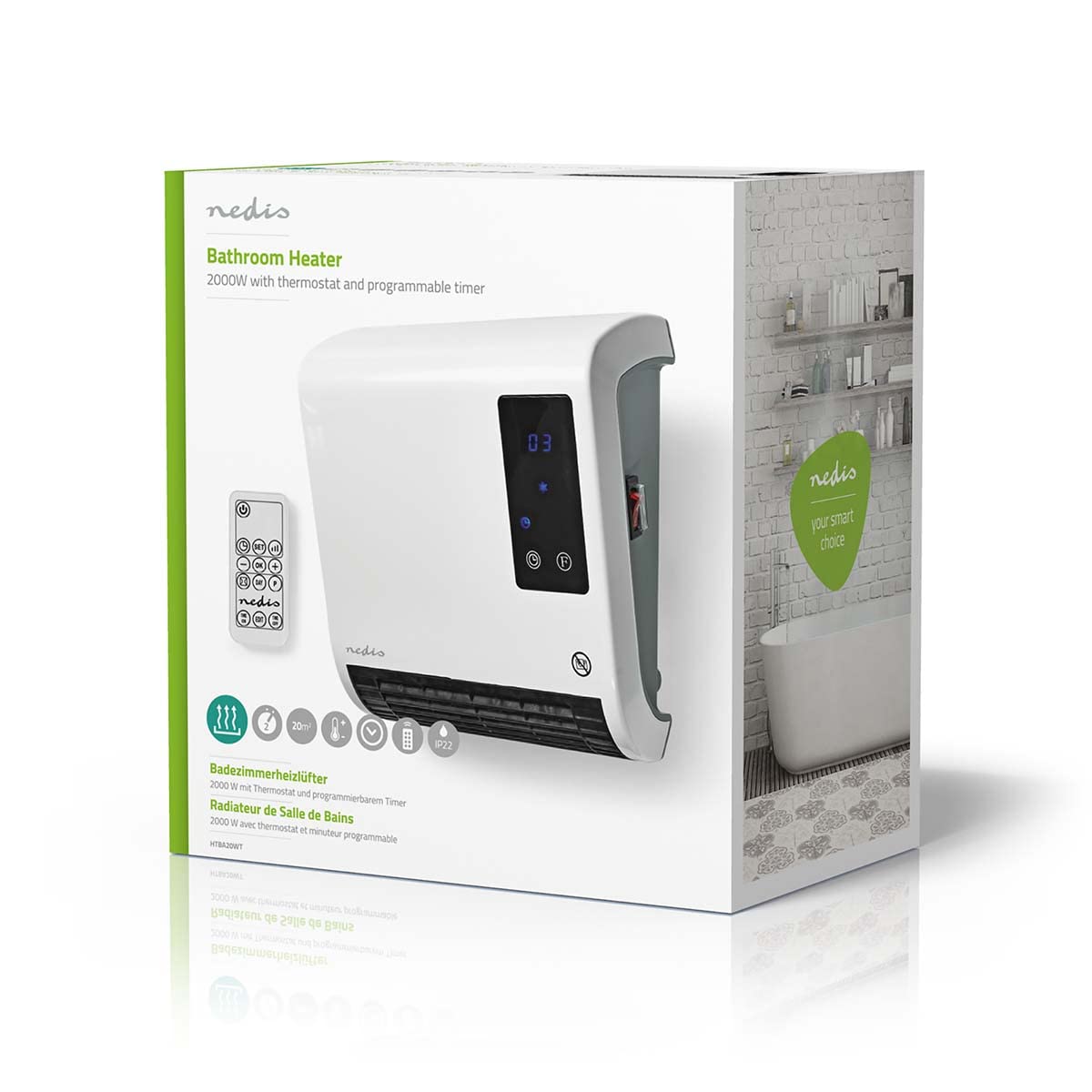 Nedis HTBA20WT - Riscaldatore da bagno, 2000 W, termostato regolabile, 2 livelli di calore, protezione dagli spruzzi d'acqua IP22, con telecomando, bianco