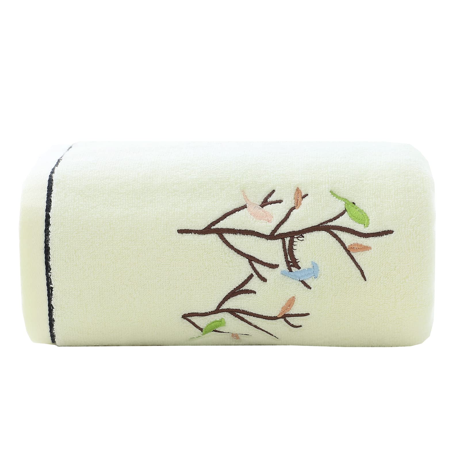 Pidada Bath Towel Embroidered Bird Tree Pattern 100% Cotton Soft Absorbent Decorative Towels for Bathroom 27.6 x 55 Inch (Light Yellow)