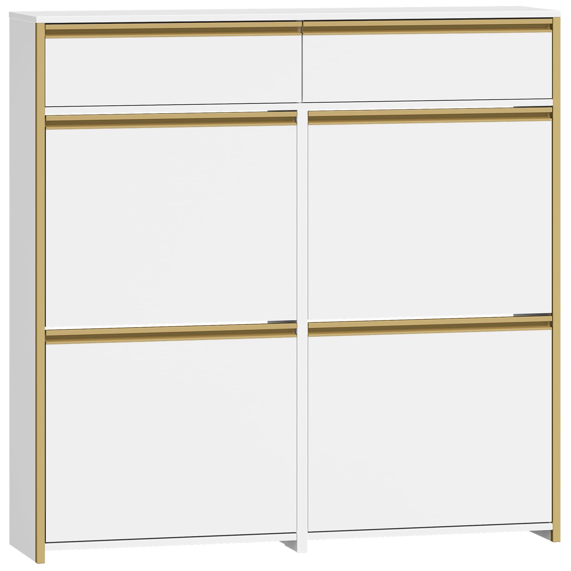 HEXCELEN Armario Zapatero Estrecho con 4 Puertas Abatibles, Zapatero con Cajón, Divisor Ajustable y Desmontable, 100 x 24 x 99 cm, para 16-24 Pares, para Pasillo, Entrada, Blanco-Dorado