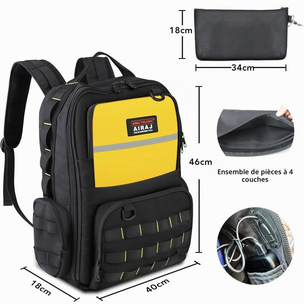 AIRAJ Sac à Dos Outils 46x40x18 cm - Sac à dos pour outils avec 23 Pochettes, Ouverture Totale pour Électriciens et Travaux de Construction (Double étui pour pièces inclus)