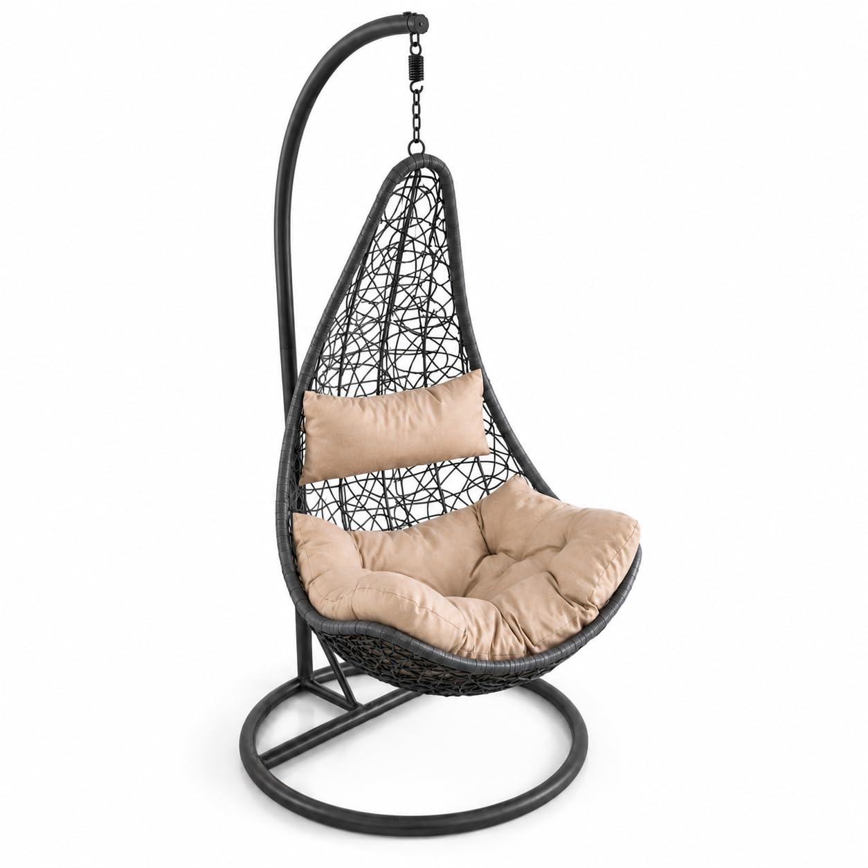 Poltrona Sospesa Da Giardino Con Struttura Autoportante In Metallo Seduta In Polyrattan E Cuscino Con Poggiatesta Beige Arredo Outdoor Terrazza Balcone E Veranda 105 x 195 Cm Nero